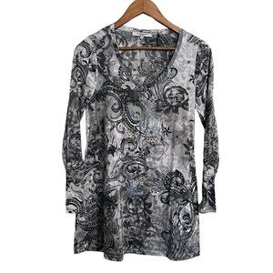 Vitrin Womens Gray Embellished Rocker Star Rose Long Sleeve Tunic Blouse Medium